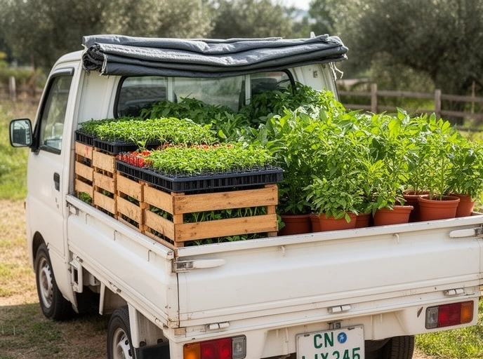 Cajones de plantines acomodados en la caja de una camioneta